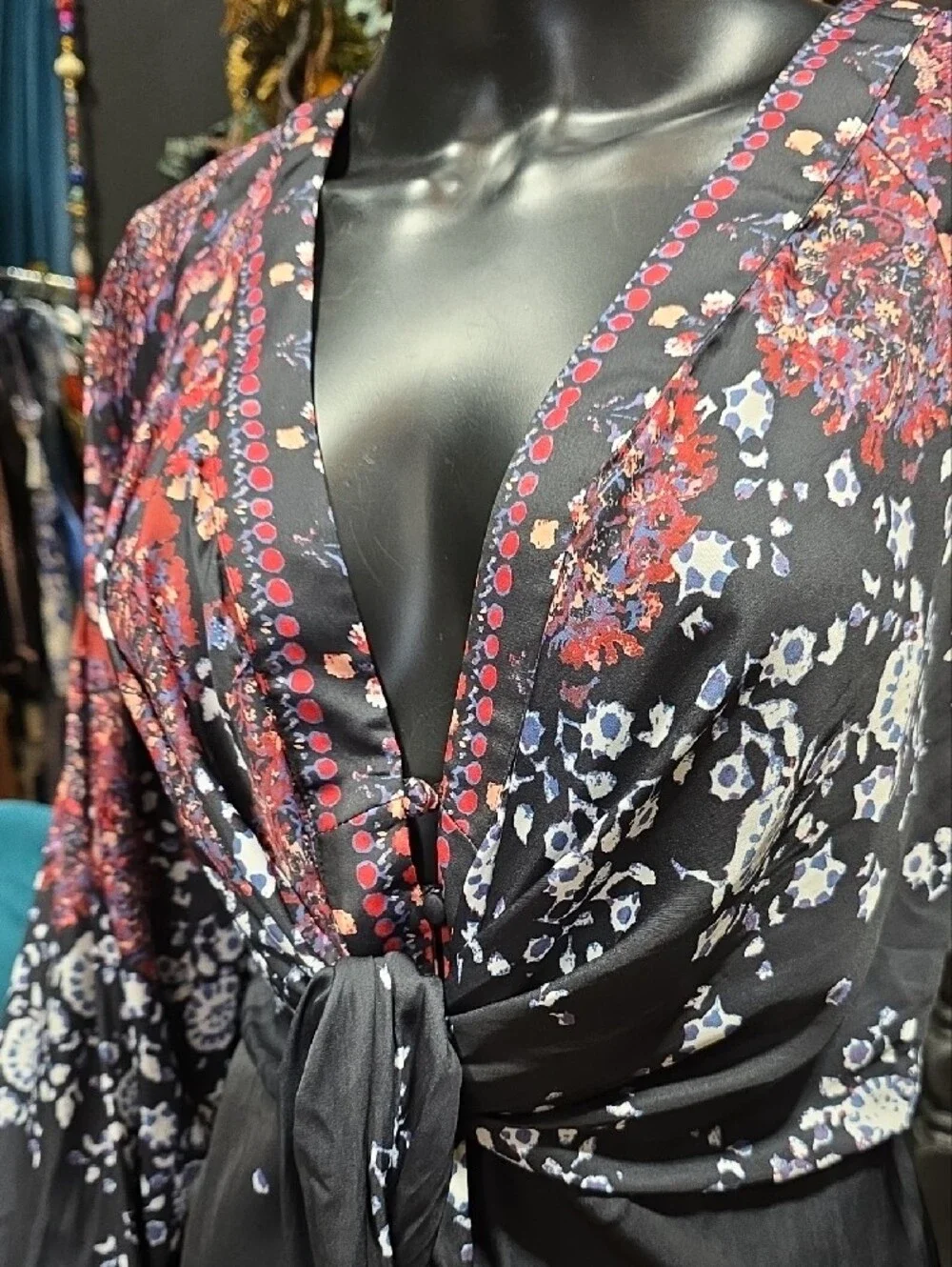Free People Black Floral Tie-Front Blouse with Red & White Accents - Picture 3 of 8